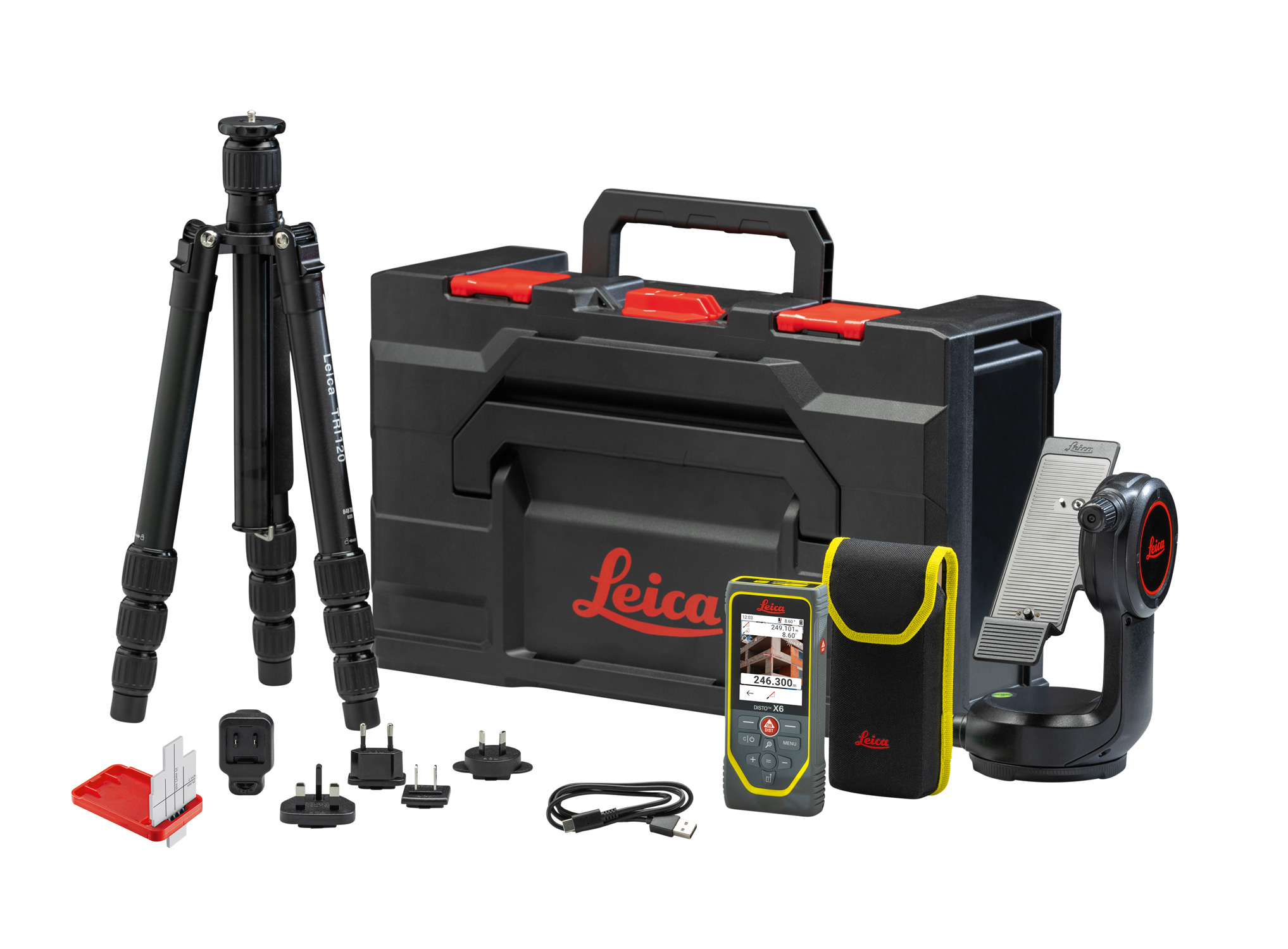 Leica DISTO X6 P2P Package contiene:Distanziometro laser Leica DISTO X6, valigetta, custodia, caricabatterie e cavo USB, adattatore Leica DST 360, treppiede Leica TRI 120, piastra-target Leica GZM 30, cinturino da polso, guida rapida, certificato di calibrazione